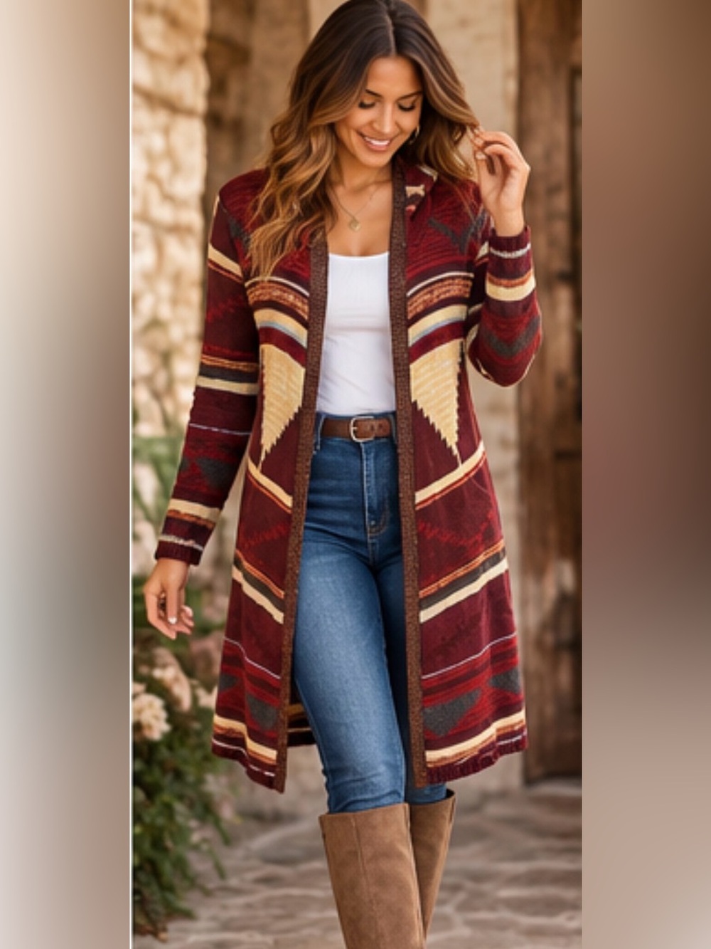 Elan Burgundy Hooded Open Cardigan with Geometric Stripe Pattern